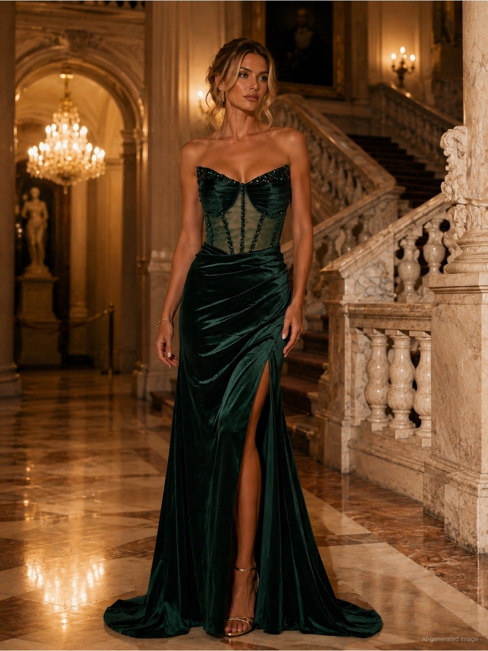 Portia & Scarlett Emerald Satin Beaded Corset Formal Gown Dress L NWT